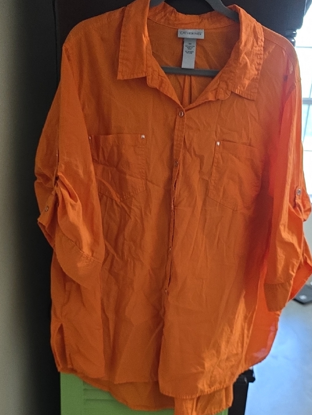 Catherines Orange Button-Front Roll-Tab Shirt